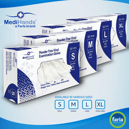 MediHands Vinyl Clear Medium Gloves, Disposable Surgical Gloves, Box of 100, Powder Free, Latex Free, Protein Free, Medical, Food, Multi-Use