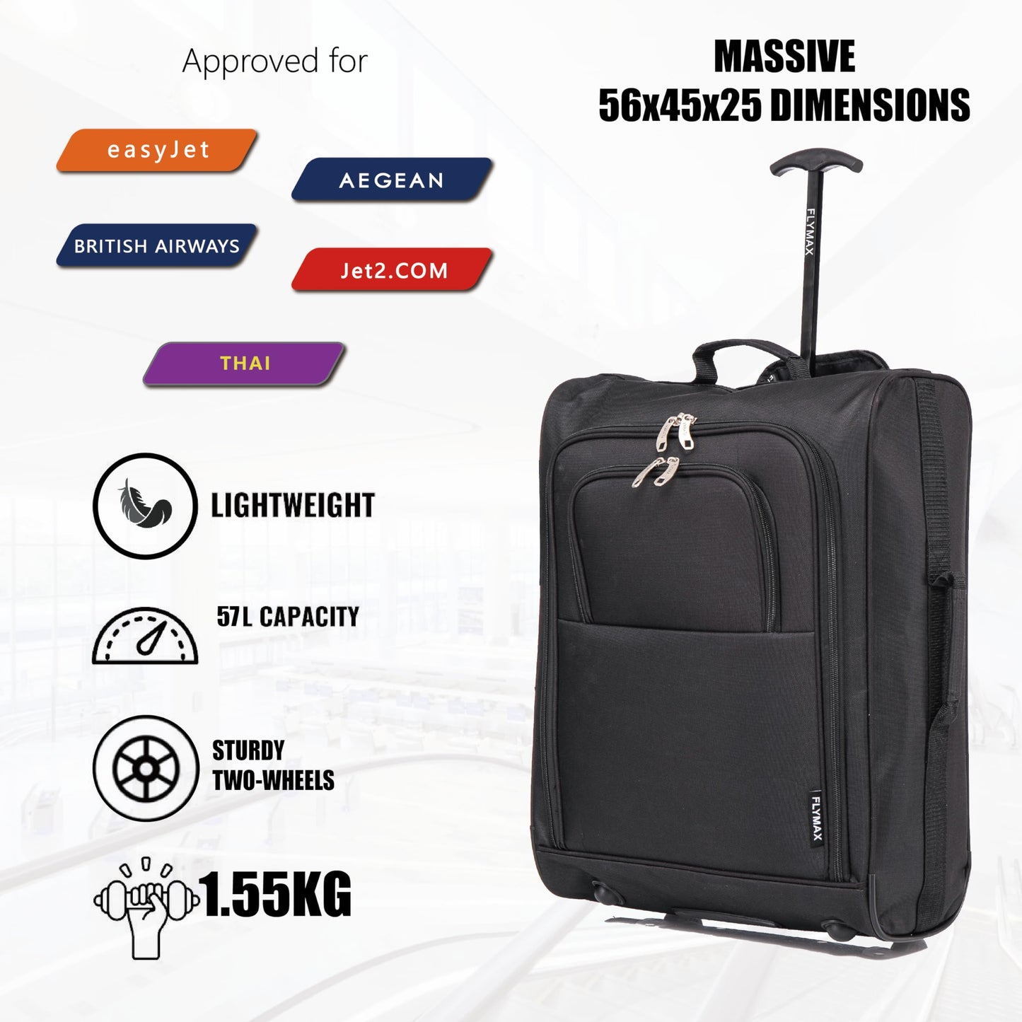 56x45x25 Easyjet Cabin Bag Hand Luggage Approved Cabin Case Lightweight Suitcase Also Approved for BA Jet 2 1.5kg 57L Black