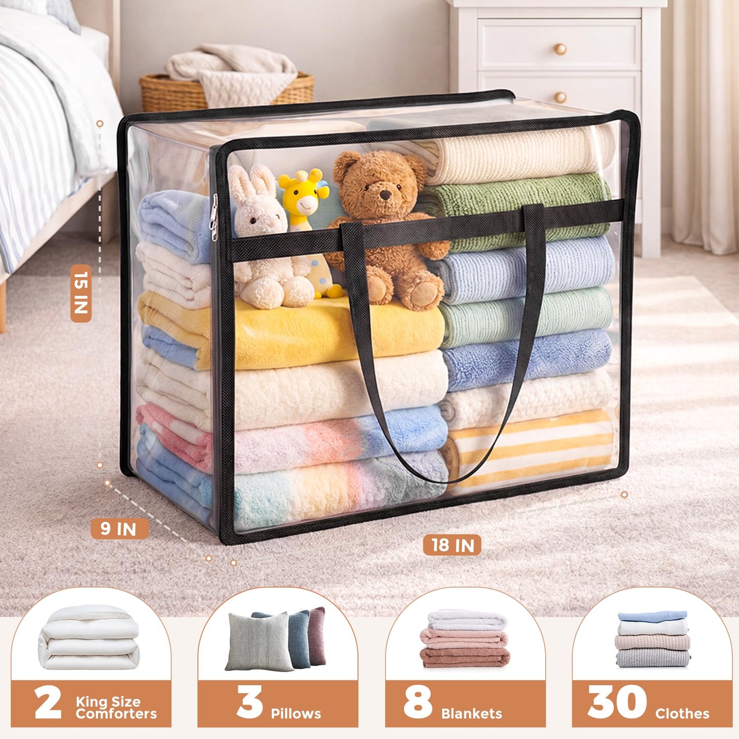 Budding Joy 6 Pack Clear Zippered Storage Bags for Clothes,40L Closet Organizers and Storage Containers Vinyl Moving Bag for Bedding, Linen, Blankets, Comforters, Clothing & Toys, Black