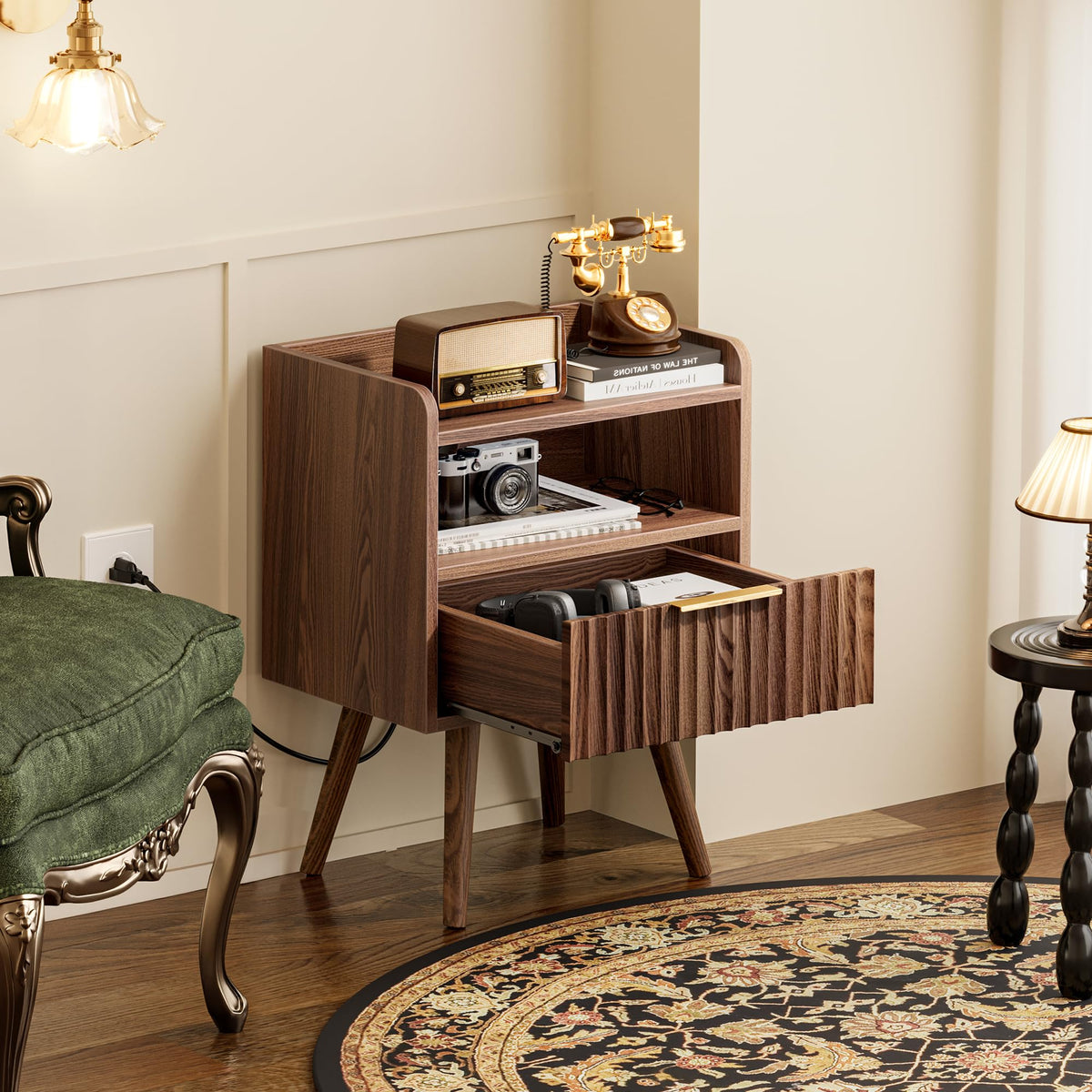 Huuger Nightstand with Charging Station, USB-C Port, Fluted Night Stand Set of 2, Bed Side Table with Drawer, Solid Wood Feet, Open Storage, End Table with Raised Edge, for Bedroom, Walnut