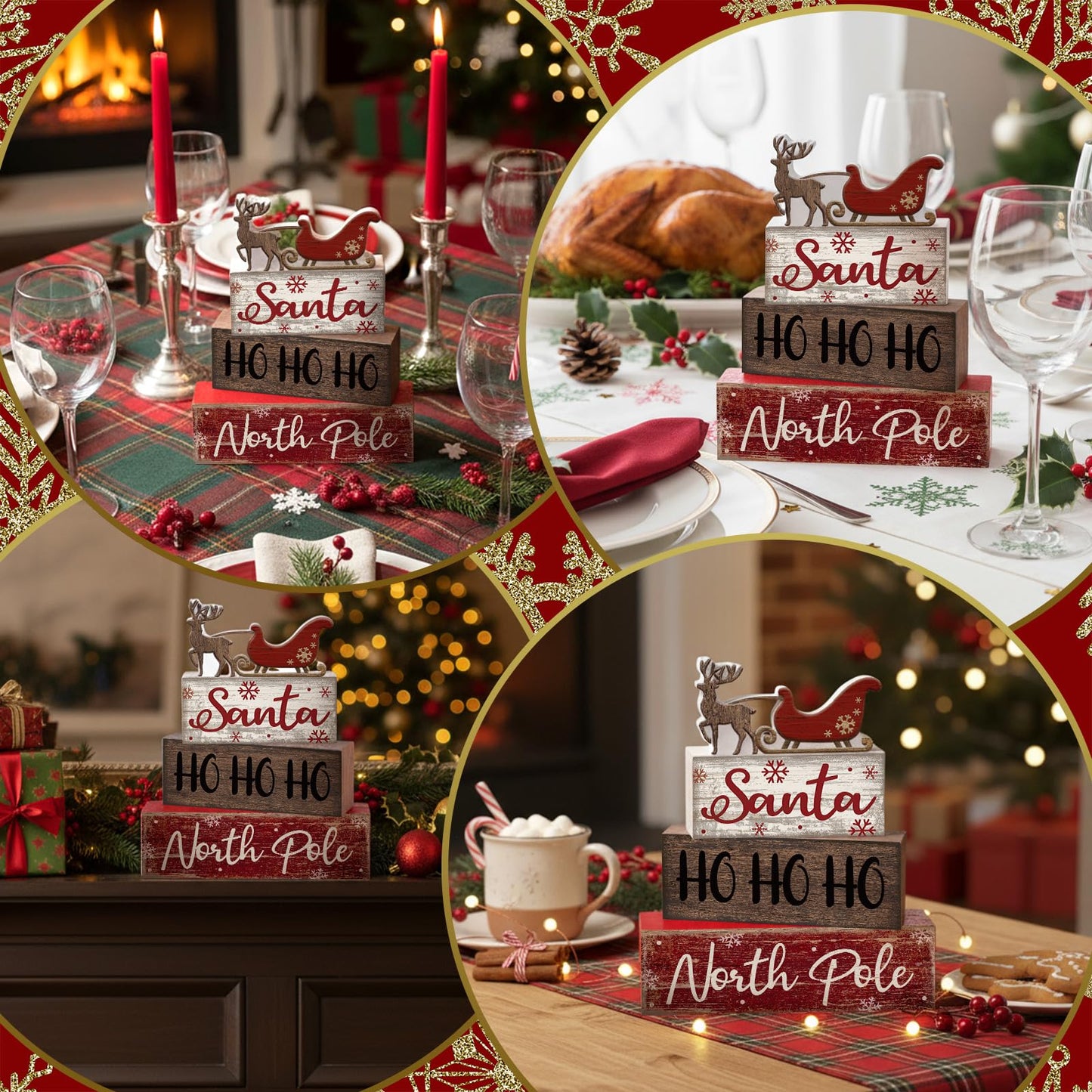Moucuny 4 Pcs Reindeer Christmas Table Decor Wooden Reindeer Christmas Tiered Tray Decor Xmas Centerpiece Decorative Red Deer Pulled Sleigh Block Signs Gift Farmhouse Xmas Decoration for Home Kitchen