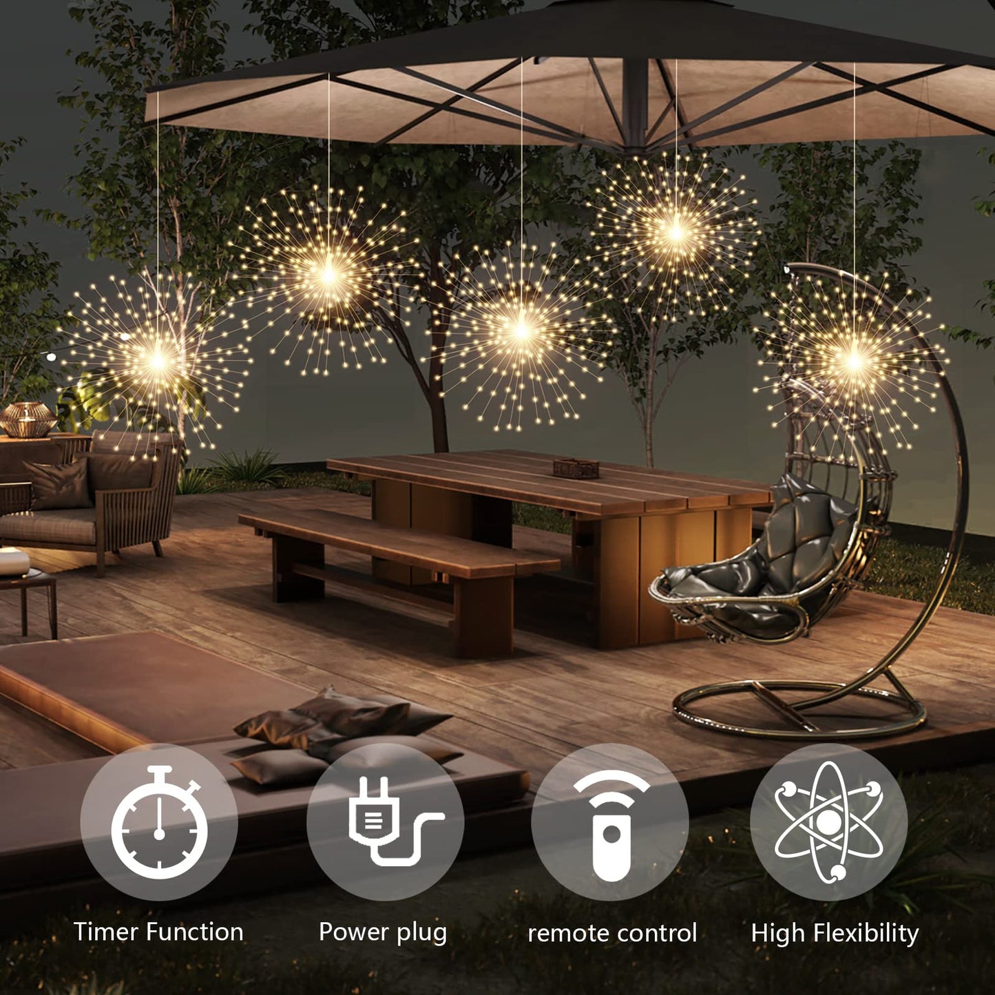 PXBNIUYA 5 Pack 1000LED Plug in Starburst Sphere Lights,Firework Light 8 Modes Dimmable Remote Control Waterproof Hanging Copper Wire Fairy Light for Patio Party Tent Christmas (Warm White)