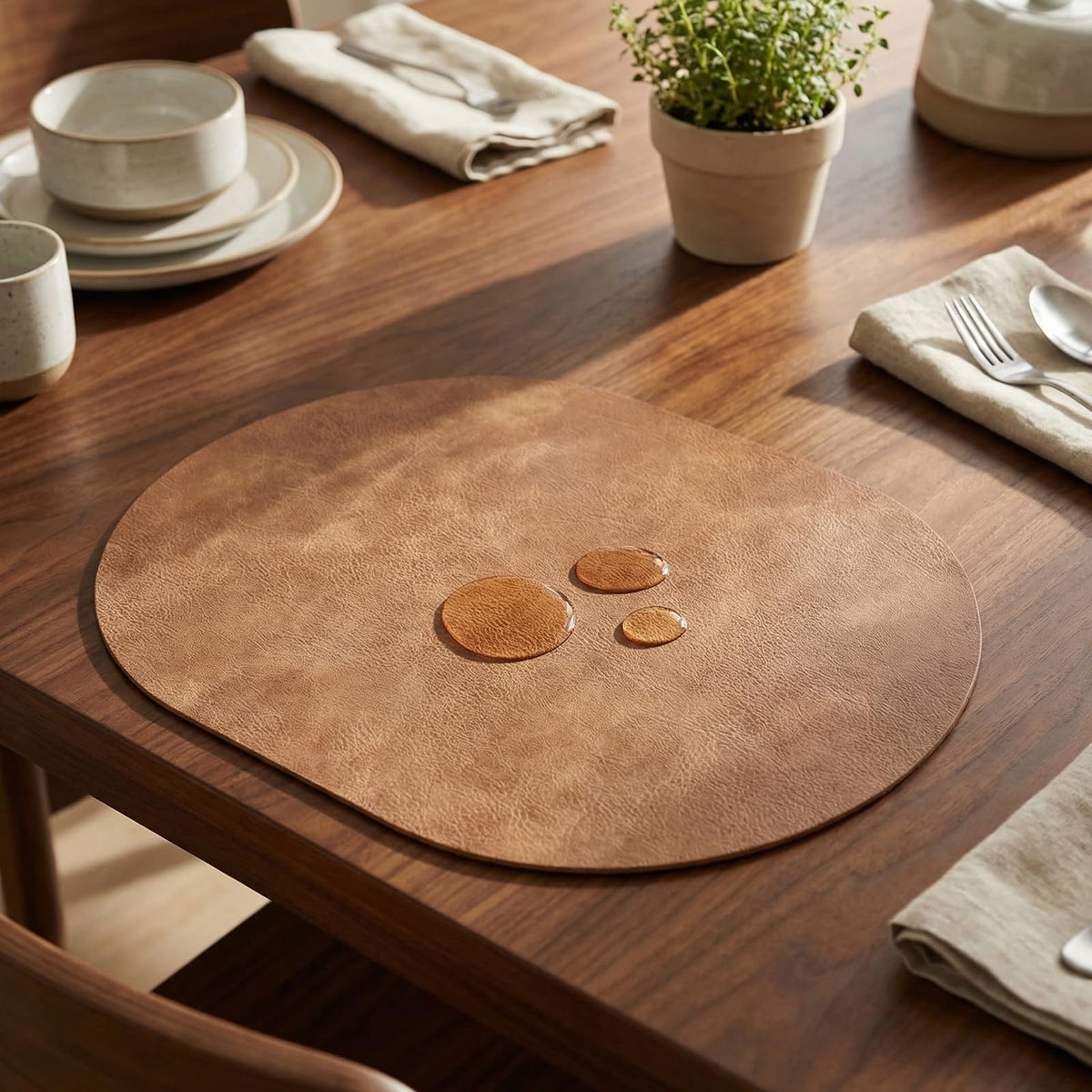 BIPASION Oval Placemats 2mm Ultra Thick Faux Leather Table Mats, Heat Resistant Waterproof Wipeable Dining Mats for Kitchen Table, Set of 8, Light Brown