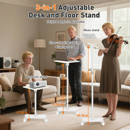 TNNOP Rolling Book Stand with Wheels for Reading, Floor Standing Book Holder with Page Clips, 19"–51" Height Adjustable, Sturdy Podium Stand for Reading, Bible, Laptop, Cookbooks, or Projector