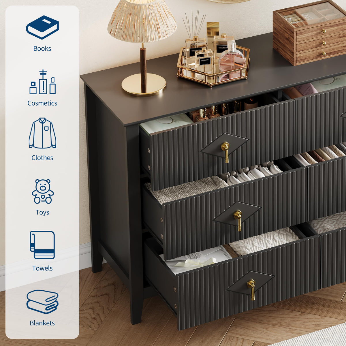 GarveeHome Fluted Dresser for Bedroom, 47.2 Inch Wide 6-Drawer Wood Dresser, Modern Chest of Drawers, Storage Organizer Cabinet for Living Room, Hallway, Entryway, Black