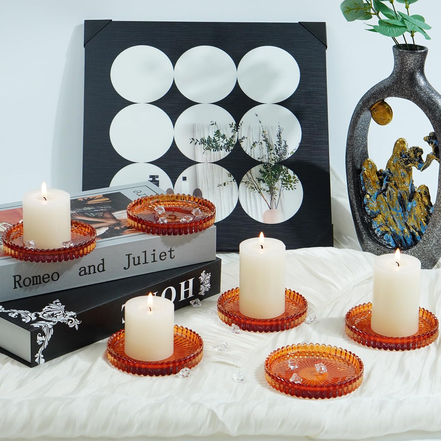 Jollyhilan Candlestick Glass Candle Holder Plates Set of 6, Round Glass Candle Tray Plates for Dining Wedding Lantern Festival Party Evening Light, Amber