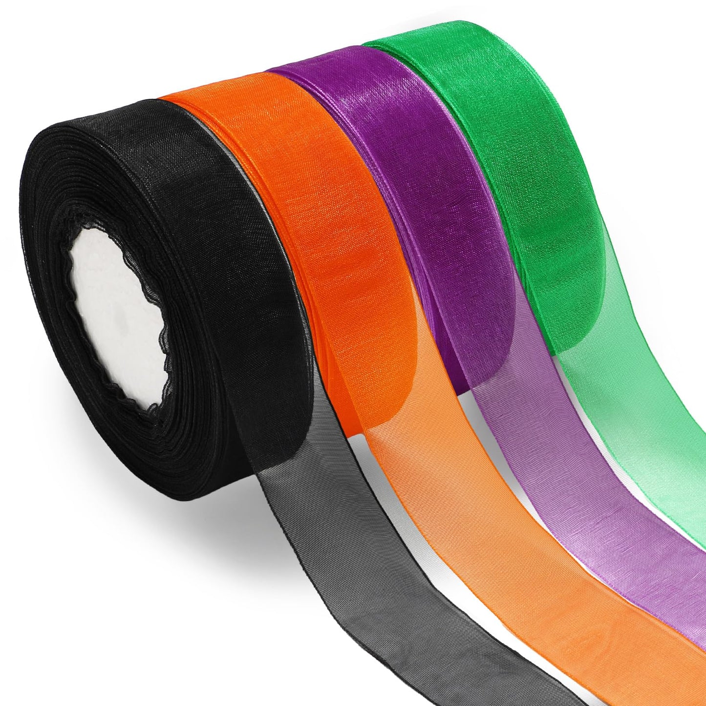 JarThenaAMCS 4 Rolls 200 Yard Halloween Sheer Chiffon Ribbon 1 Inch Organza Wrapping Ribbon Black Orange Green Purple Fabric Ribbon for DIY Crafts Bow Wreath Making Supplies