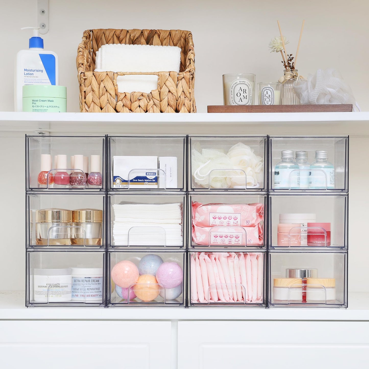 Vtopmart 4 Pack Clear Small Stackable Storage Drawers, Acrylic Bathroom Makeup Organiser, Plastic Storage Box For Vanity, Under Sink, Kitchen Cupboard, Pantry, Home Organization
