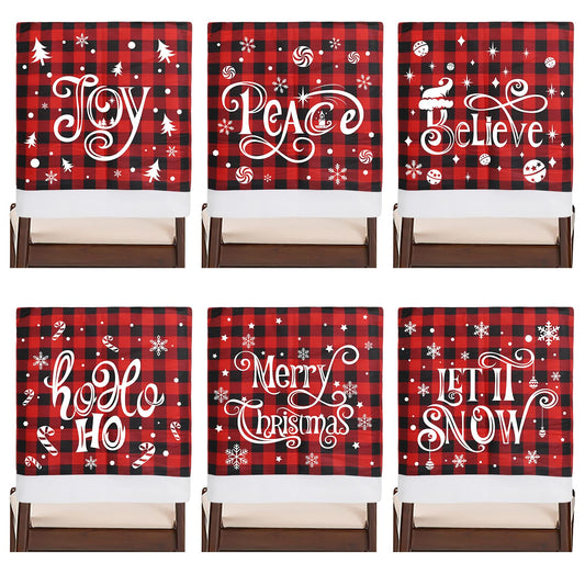 CCINEE 6pcs Christmas Chair Back Covers, Red and Black Buffalo Plaid Chair Slipcovers with Snowflake Xmas Chair Back Cover for Dining Room Kitchen Wedding Hotel Xmas Party Table Decor