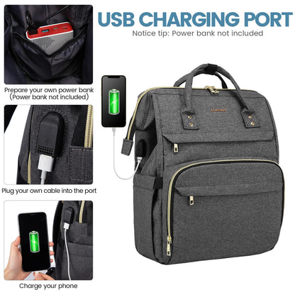 LOVEVOOK Laptop Bags for Women 15.6 Inch Rucksack Womens Waterproof School Backpack Fashion with USB Charging Port for Work College, Dark Gray