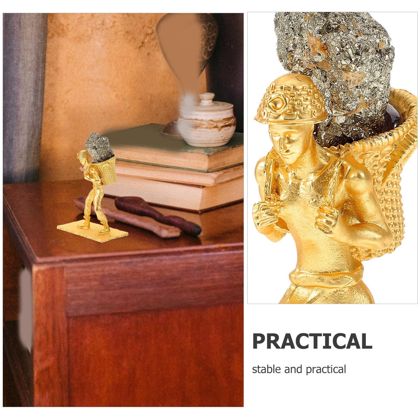 BESPORTBLE Mineral Cluster Ornament with Metal Miner Figurine and Back Basket, Irregular Raw Brass Ore Stone Craft for Home and Office Table Decoration