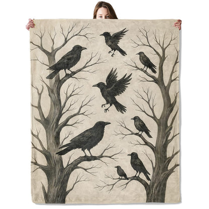 Gothic Crow Raven Blanket, Flannel Blankets Gifts for Boys Girls Adults, Warm Cozy Soft Fuzzy Throw for Couch, Bed, Room Decor 50x60 in