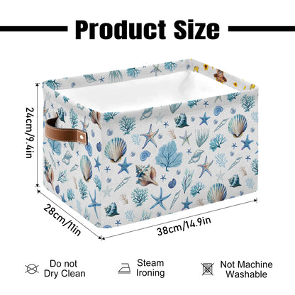 JOPJOLIW Sea Shells Starfish Rectangle Storage Basket - Ocean Themed Collection Collapsible Storage Baskets with Handles - Ocean Conch Pattern Storages Bin for Kids Clothes, Gifts, Books, Toys