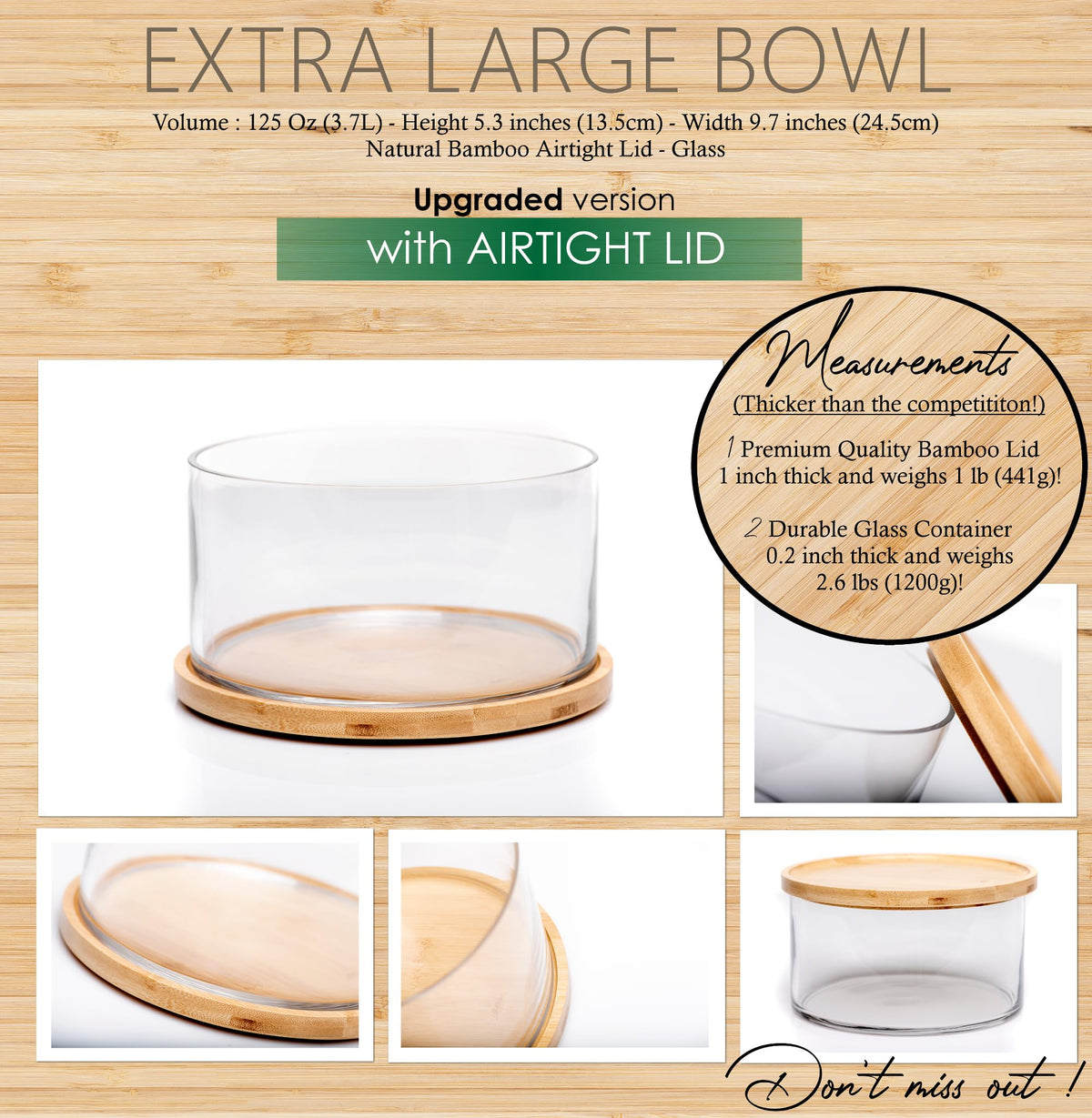25DOL Extra Large 10 inch Clear Glass Salad Bowl Dish【Hand Blown】 Dual Function Bamboo Lid - Mixing Bowl for Salads, Dessert, Fruit, Punch - Centerpiece Large Serving Bowls - Airtight Lid