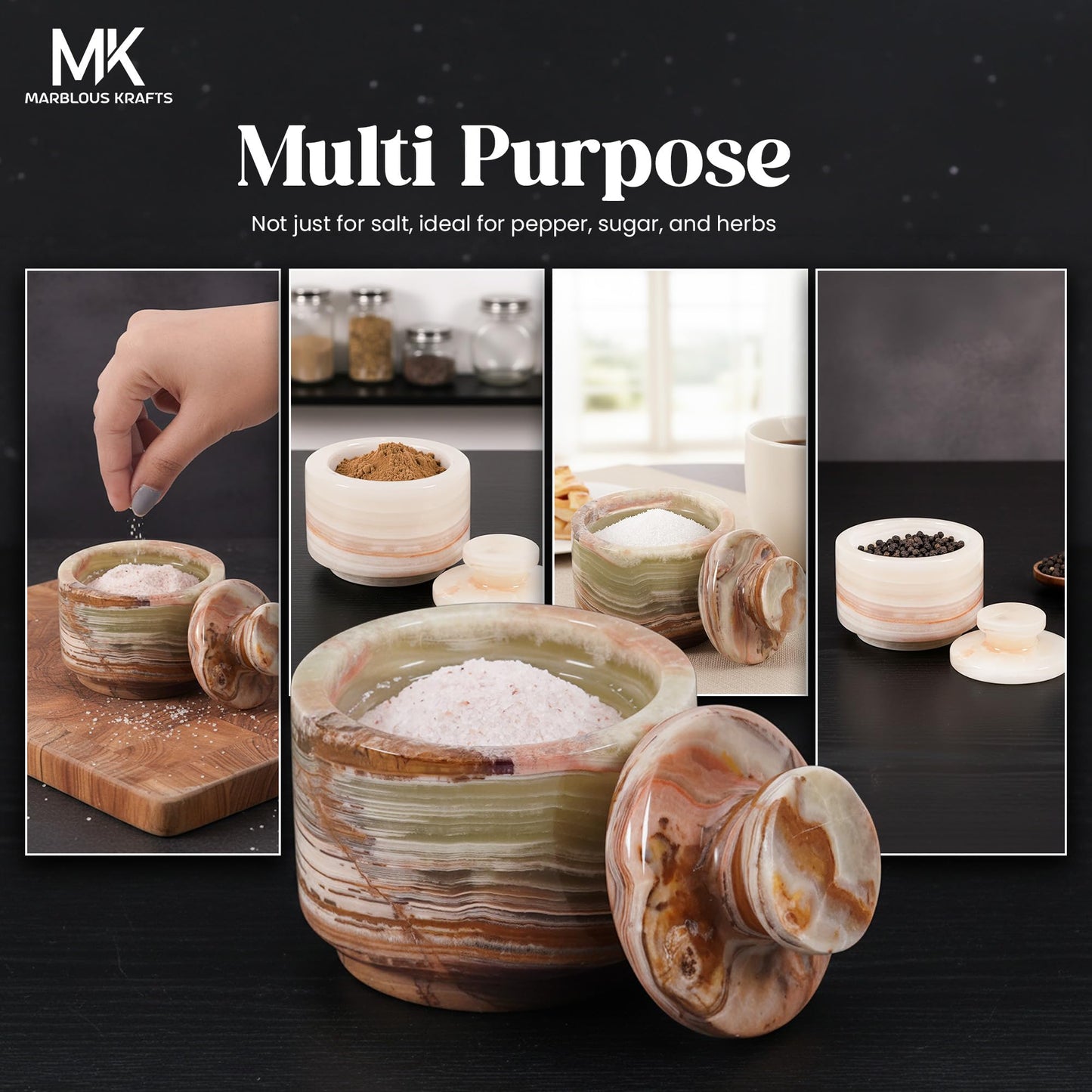MARBLOUS KRAFTS Marble Salt Cellar with Lid White Onyx and Green Onyx 3" Stone Spice Jar, Perfect for Kitchen Counters, Ideal for Storing Salt, Sugar, and Pepper Bowls