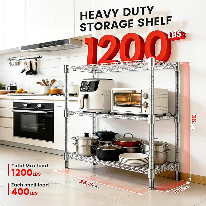 Xcity Storage Shelves, 3 Tier Heavy Duty Metal Shelving Unit, 1200 LBS Capacity Adjustable Steel Wire Shelf Organizer for Pantry, Kitchen, Garage, 14" D x 36" W x 36" H, Chrome