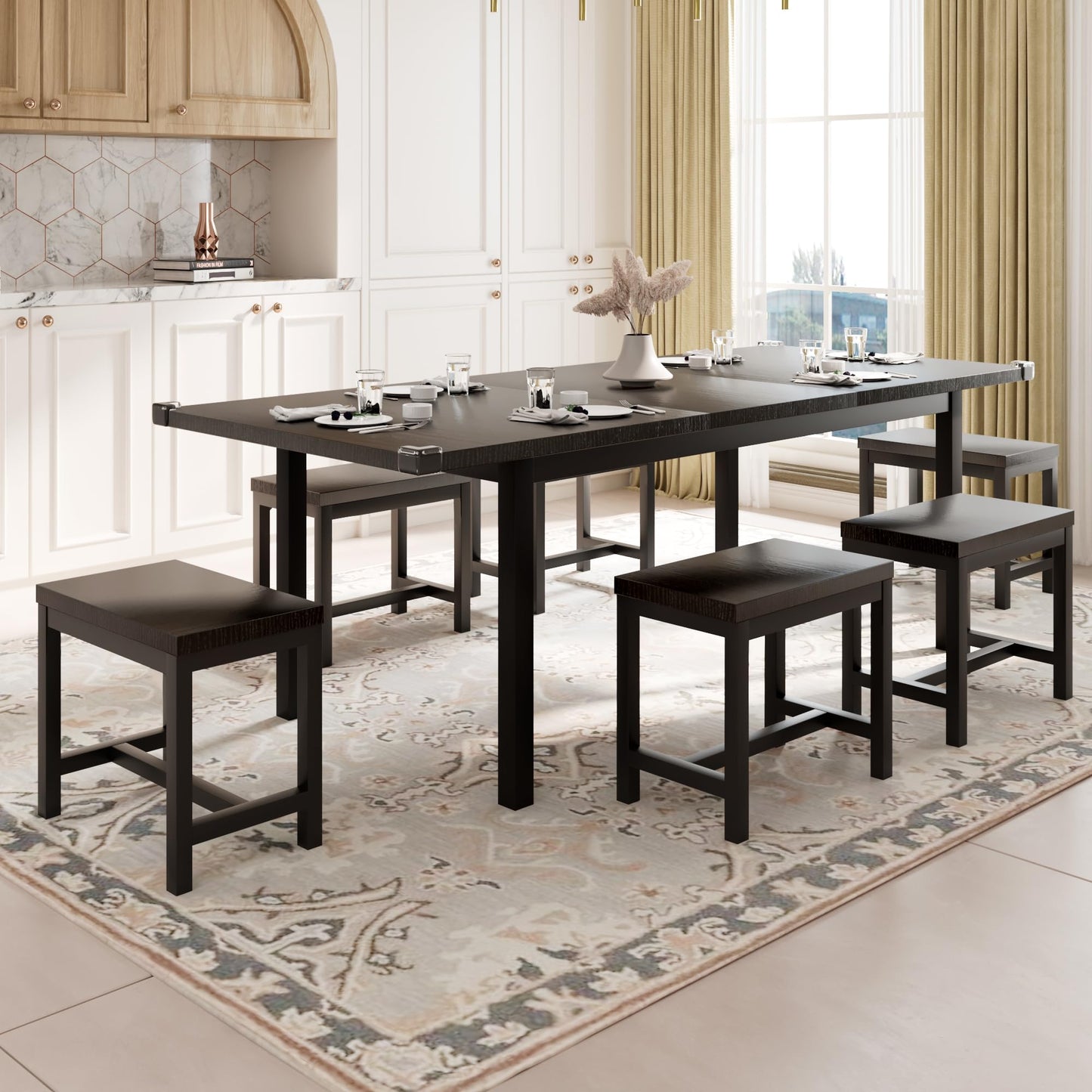 Feonase 7-Piece Dining Table Set for 4-8, 63" Large Extendable Kitchen Table Set with 6 Stools, Modern Dining Room Table with Heavy-Duty Frame, Easy Assembly, Gray