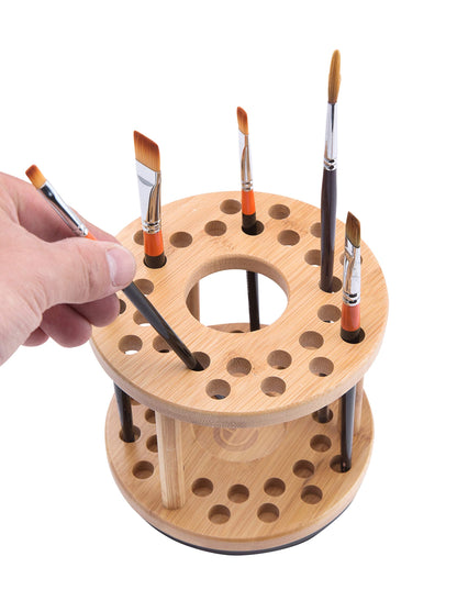 JackCubeDesign 360 Rotating Bamboo Watercolor Paint Brush Holder Water Coloring Brush Organiser Display Stand Tray Rack with 27 Holes and 1 Big Hole – MK441A