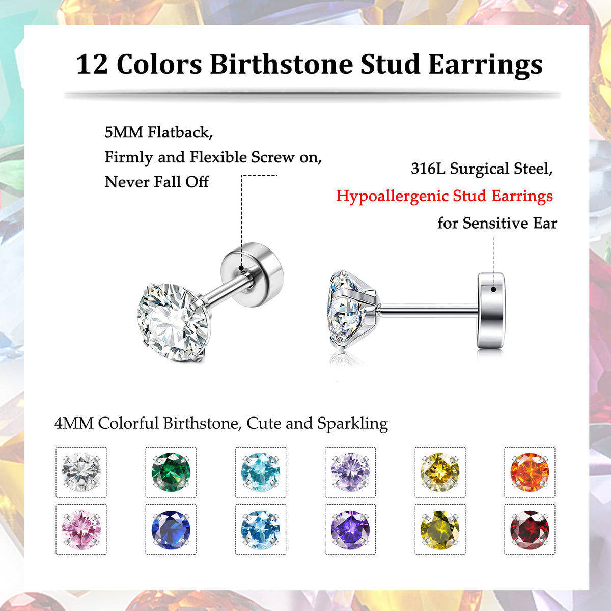 Fansilver 20G Hypoallergenic Flat Back Earrings for Women Men Silver 14K Gold Stainless Steel Stud Earrings Brithstone Cubic Zirconia Studs Surgical Steel Cartilage Earrings for Sensitive Ears