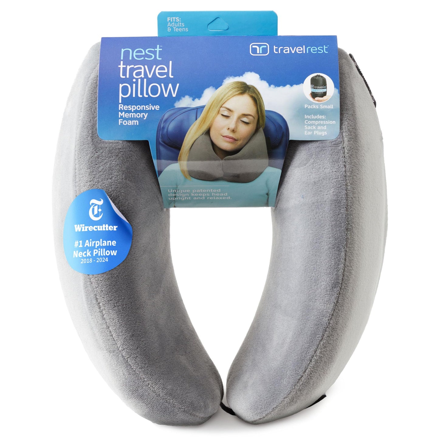 Travelrest Nest Memory Foam Travel Neck Pillow, Advanced Support for Long Flights, Patented Design for Optimal Relaxation, Compact, Ergonomic, and Washable, On-the-Go and Attacthes to Luggage - Gray