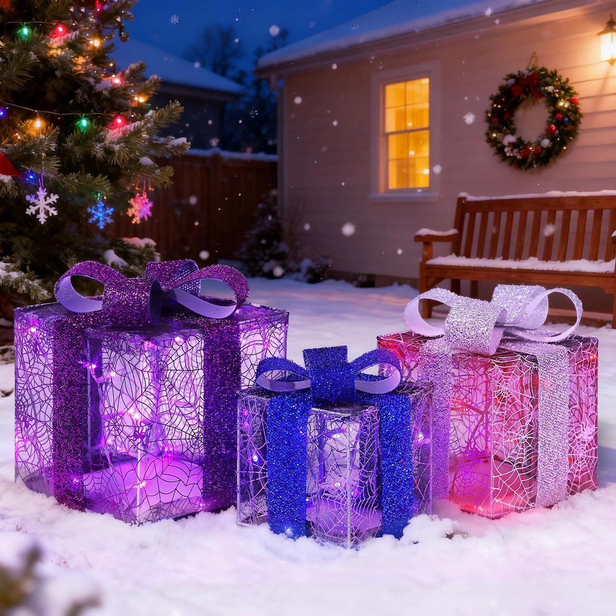 DomKom Set of 3 Halloween Christmas Lighted Gift Boxes Decorations, Plug-in 60 LEDs Metal Frame Present Box, Light Up Xmas Tree Skirt Ornament Decor for Yard Patio Lawn Party