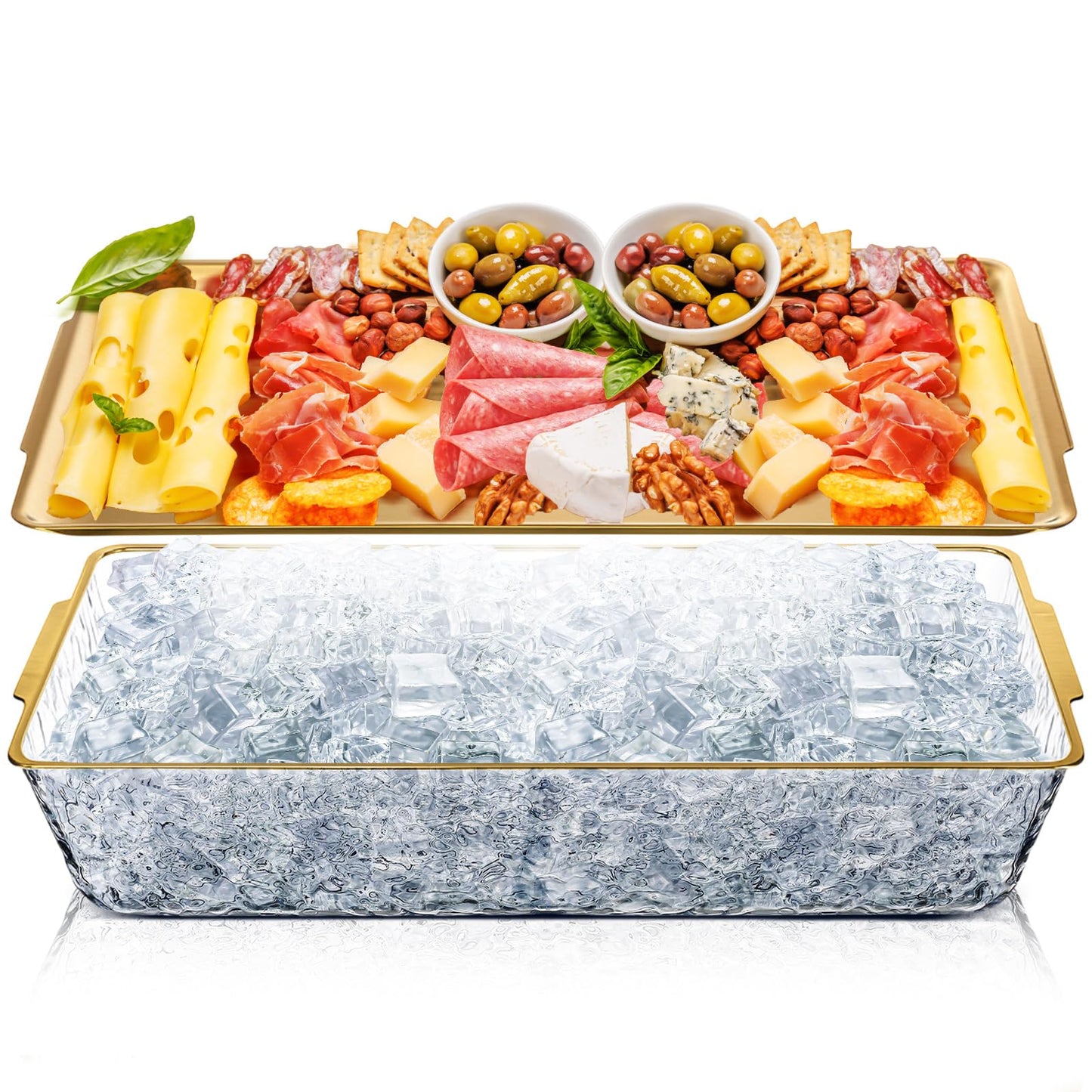 Baderke 1 Set 16" x 9'' Chilled Serving Tray for Parties with Compartments Rectangle Serving Dish Ice Charcuterie Party Platter for Shrimp Fruit Seafood Vegetable Appetizer (Gold)