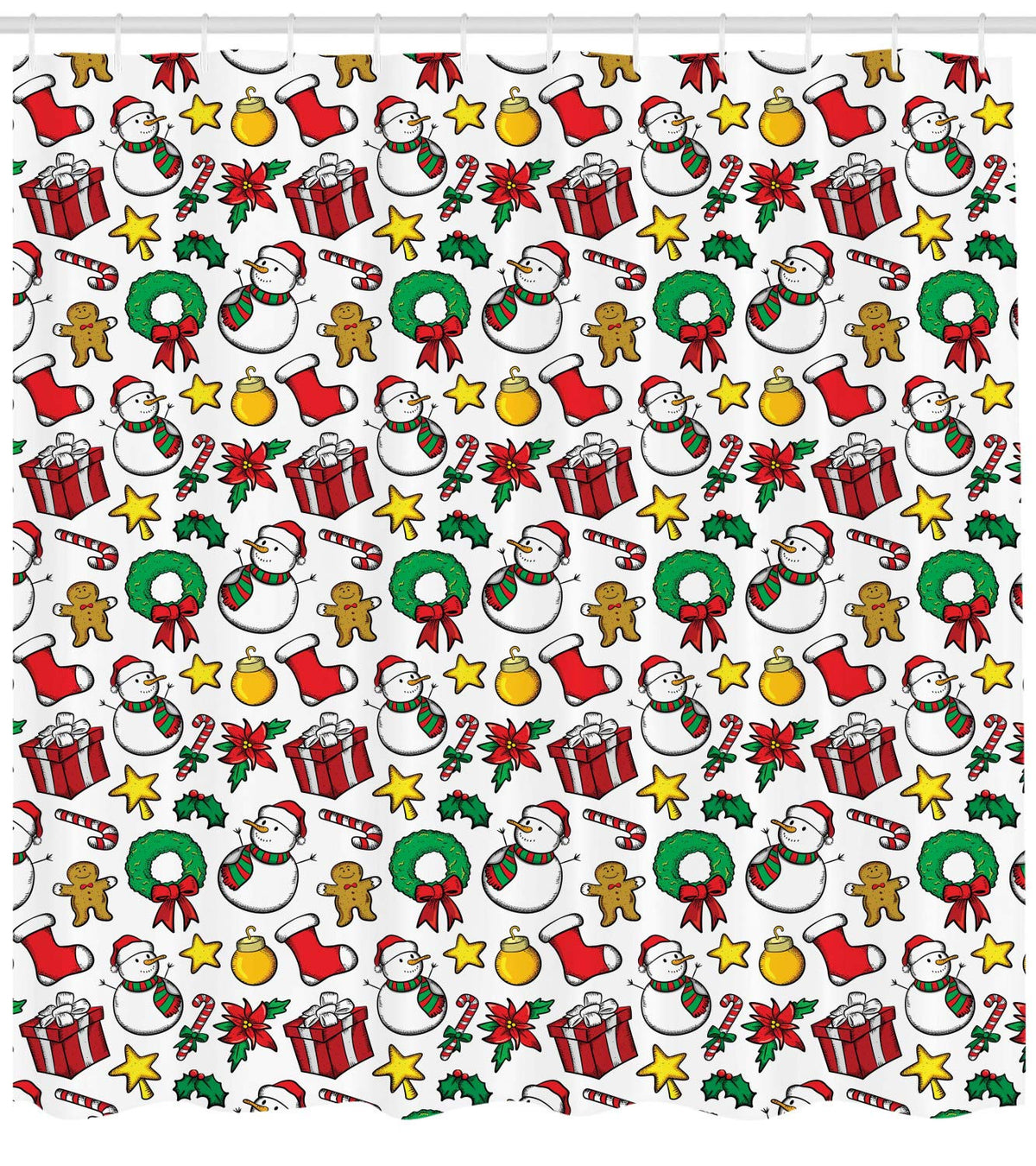 Ambesonne Christmas Shower Curtain, Classical Inspirational Wreath with Candy Cane Snowman Patterns Feast Theme, Cloth Fabric Bathroom Decor Set with Hooks, 69" W x 70" L, Red and White