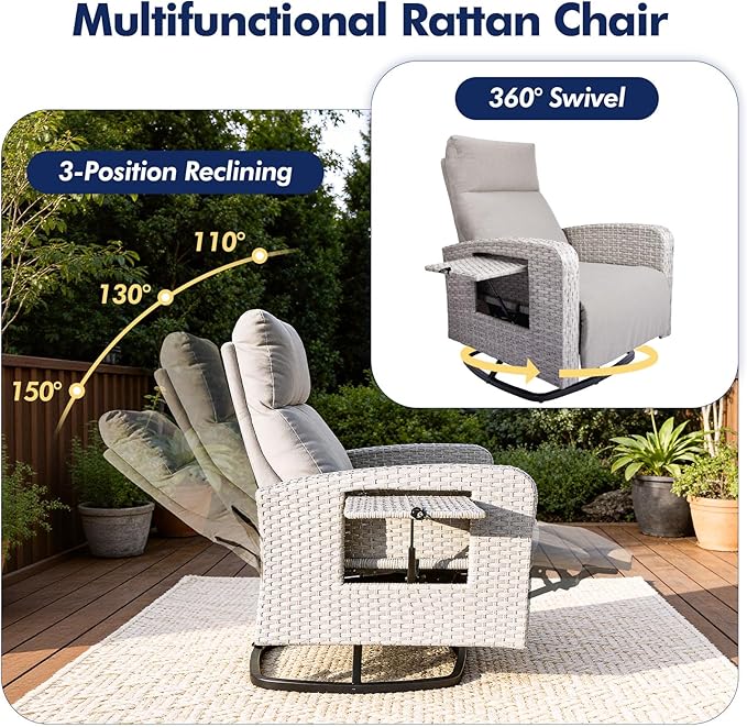 Outdoor Recliner Chair Set of 2, Wicker Patio Recliners with Adjustable Backrest and Extended Foot Rest, Reclining Patio Chairs with Flip Table & Removable Cushion Cover for Porch