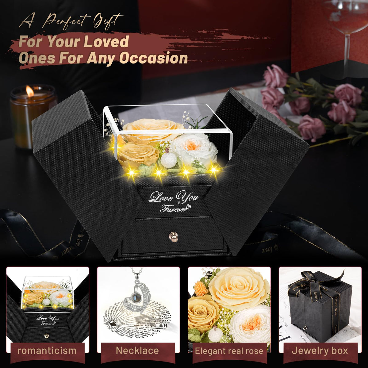 DRTINA Preserved Three Real Champagne Rose with I Love You Angel Wings Necklace-Eternal Flowers Birthday Gifts for Women Wife Mom Girlfriend Grandma on Mothers Day Valentines Anniversary Christmas