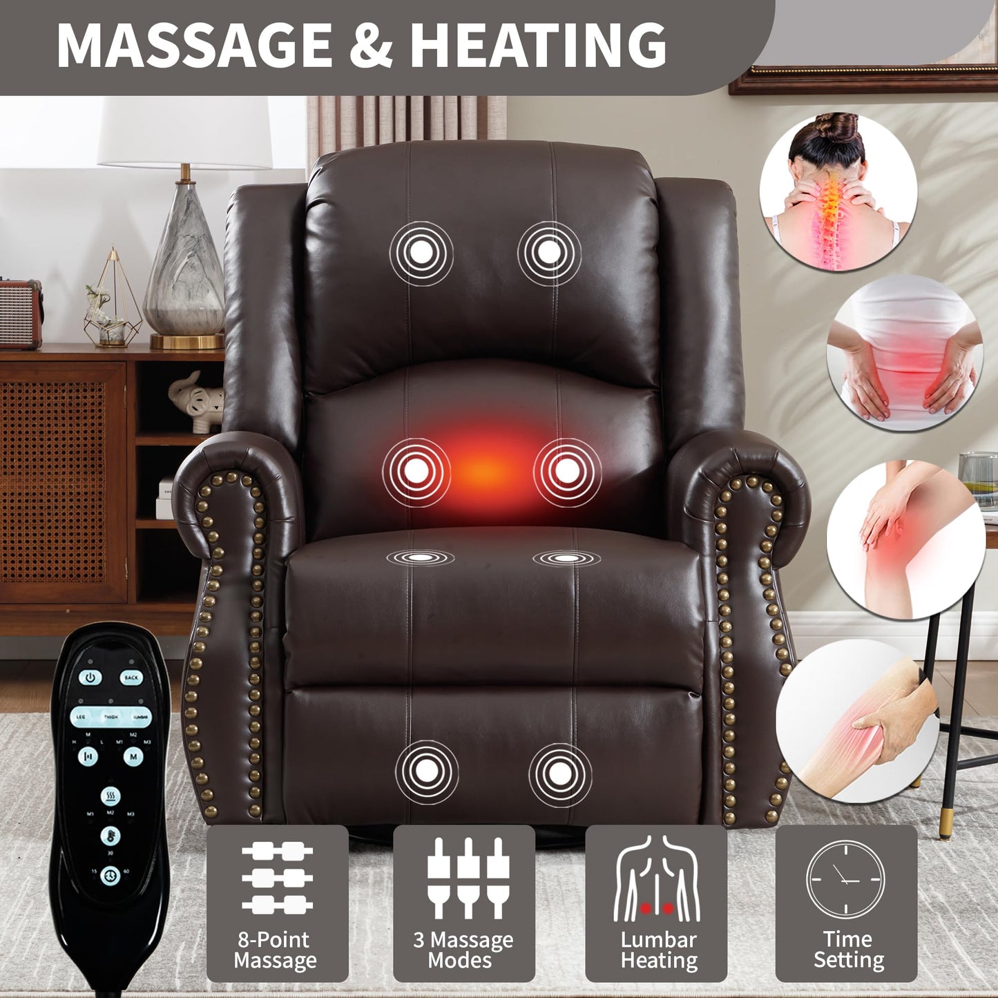 GDFStudio Heat Massage Swivel Rocker Recliner Chair, Manual Fabric Recliner with 360° Swivel, Rocking Function, Lumbar Heat and 8-Point Massage, Overstuffed Living Room Reclining Chair, Brown