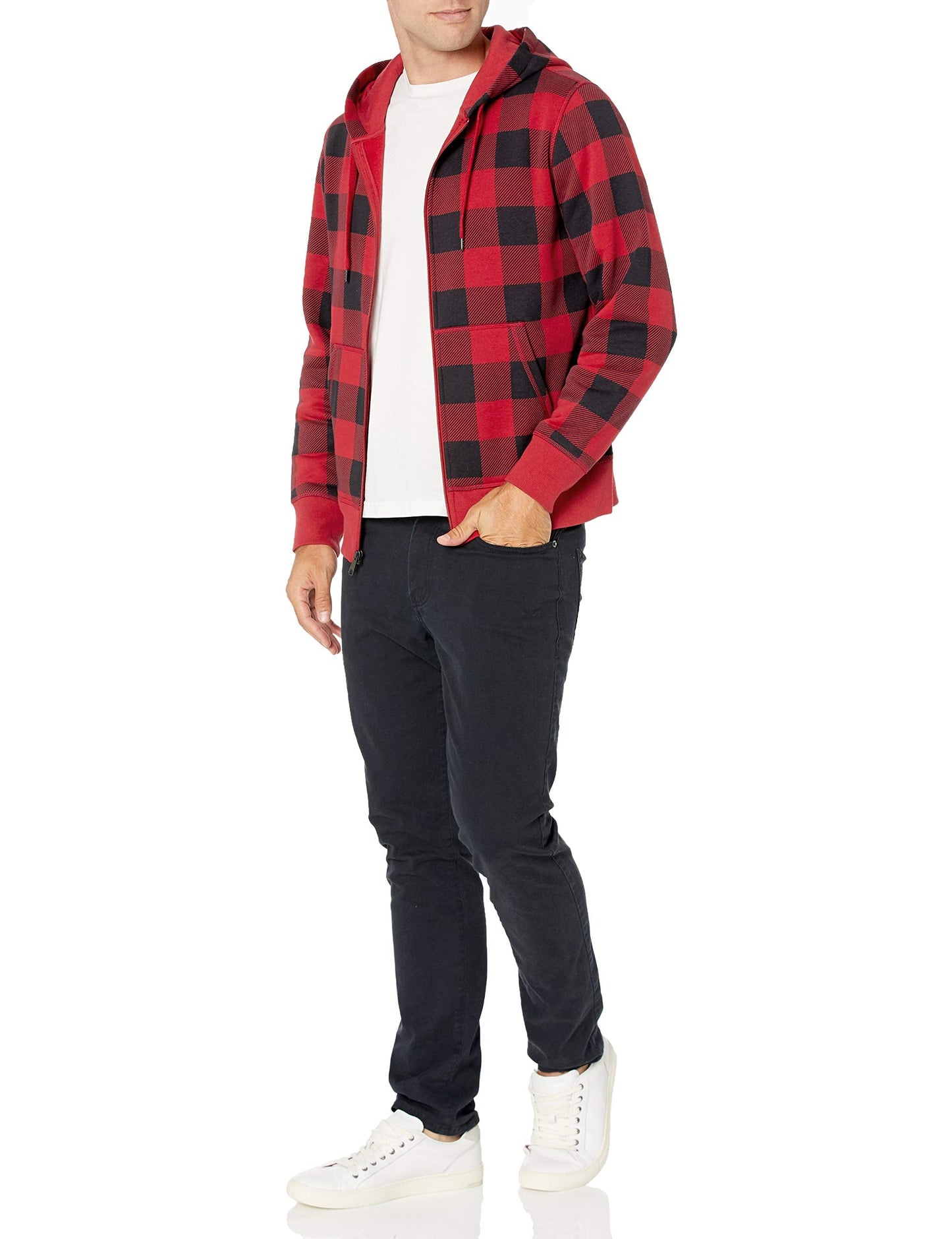 Amazon Essentials Men's Full-Zip Fleece Hoodie (Available in Big & Tall), Black Red Buffalo Plaid, X-Large