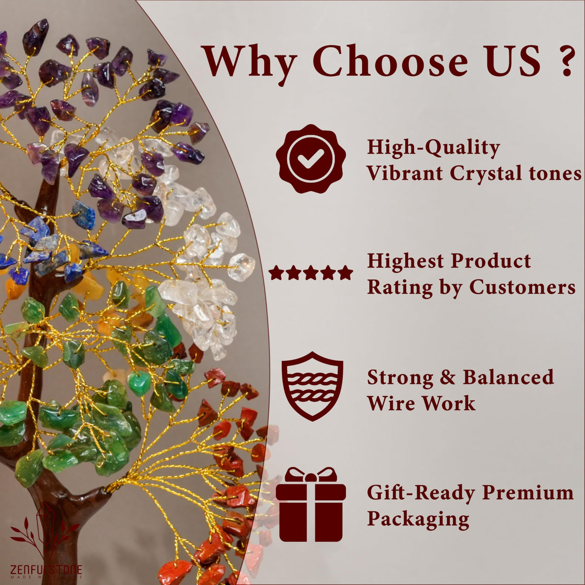 7 Chakra tree of life Crystal Healing Money Tree for Home Living Decor, Office Desk Decor | Handmade Feng Shui Bonsai for Positive Energy, Wealth & Good Luck | Birthday Gifts for Men, Women, Mom