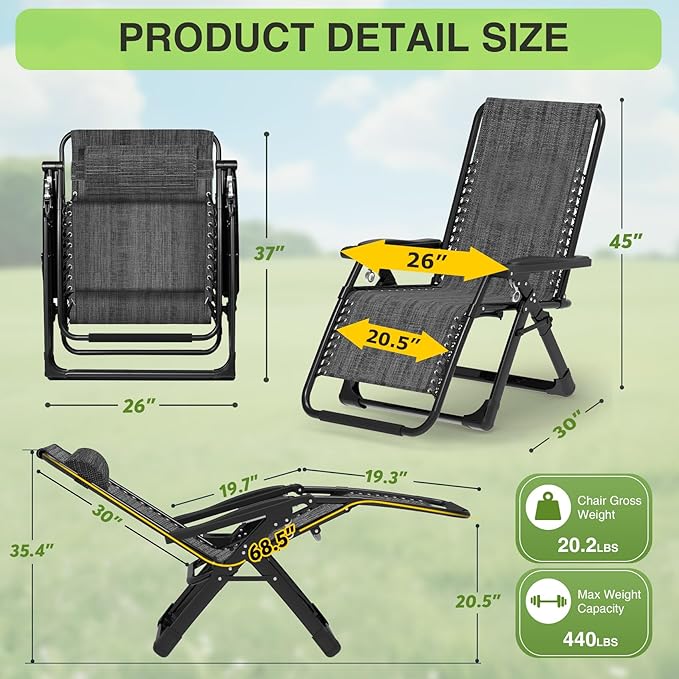Suteck Zero Gravity Chair, Reclining Camping Lounge Chair w/Removable Cushion, Upgraded Lock and Cup Holder, Reclining Patio Chairs Folding Recliner for Indoor and Outdoor