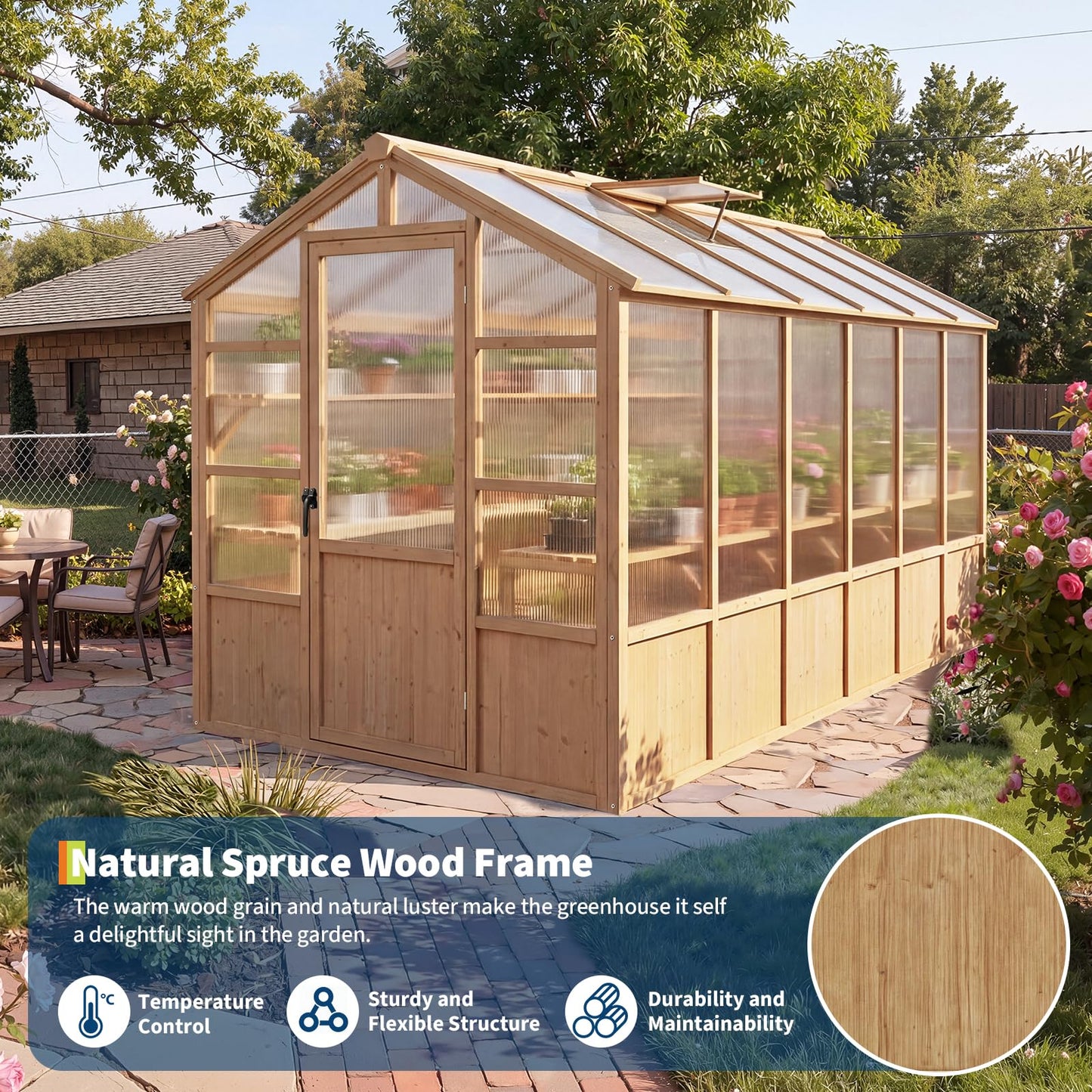 Large Wood Frame Greenhouse for Outdoor - Wooden Walk-in Greenhouse Kit with Polycarbonate Panels, Ventilated Window & Lockable Door for Garden, Backyard, Patio, Lawn, Plant House