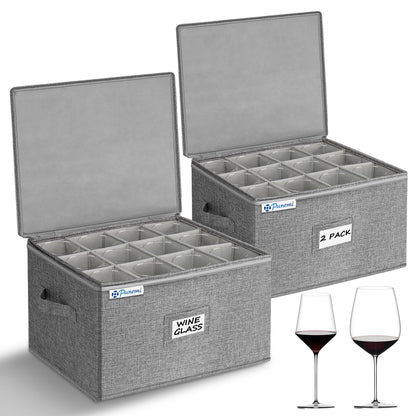 punemi Wine Glass Storage Box, Glassware Storage Containers w/Hard Shell Side Bottom Support & Padded Dividers, Stackable Stemware Storage Case for 24 China Crystal Glasses Drinkware, Moving Supplies