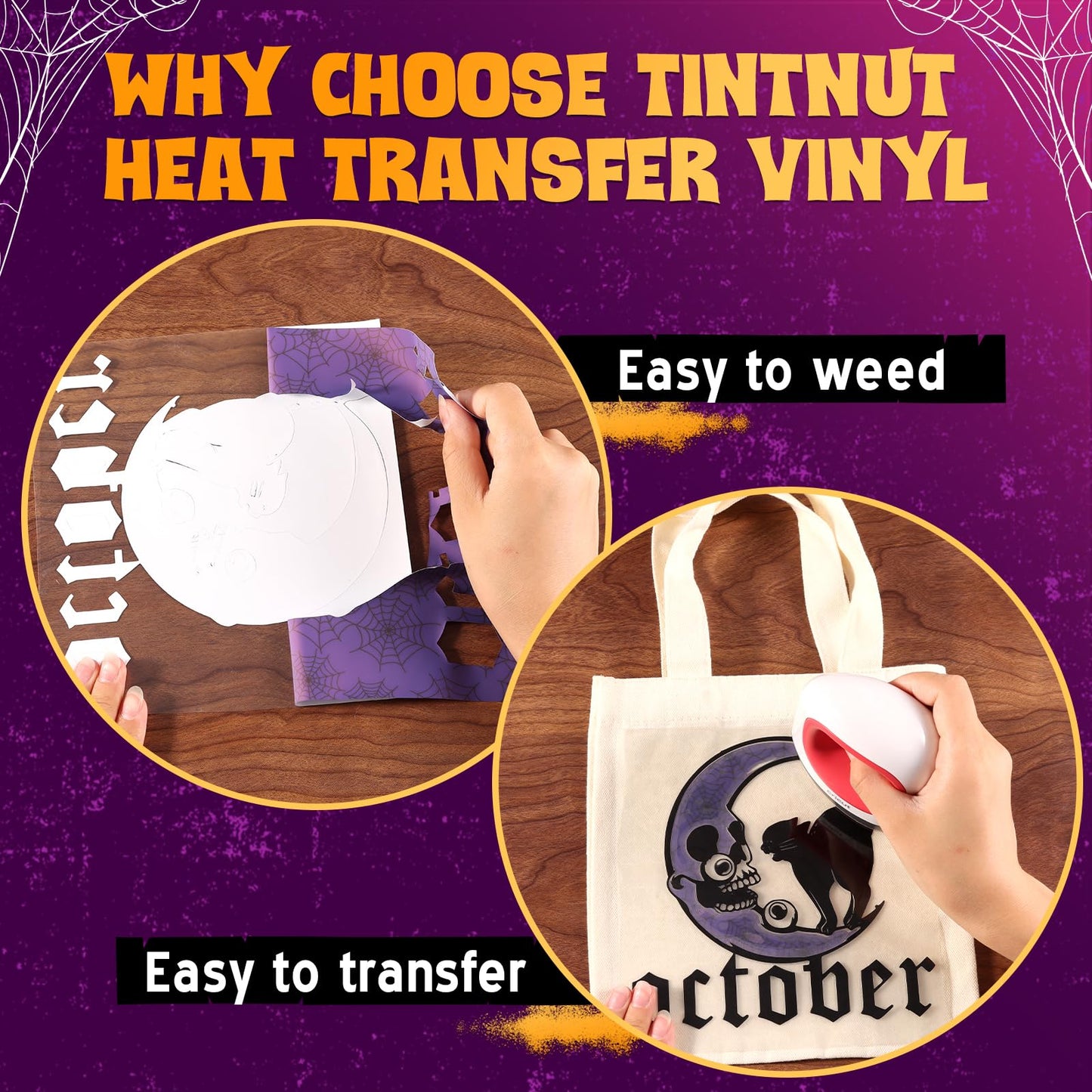 Tintnut Halloween HTV - 12 Sheets 12 X 10inches Heat Transfer Vinyl Orange Purple Green Iron On Vinyl for T-Shirts DIY Compatible with Cricut or Silhoutte Cameo