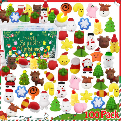 100pcs Christmas Party Favor Squishies Toys, Christmas Stocking Stuffers for Kids, Kawaii Squishy, Party Favors Mochi Squishy Toys Bulk, Xmas Gift Boys and Girls