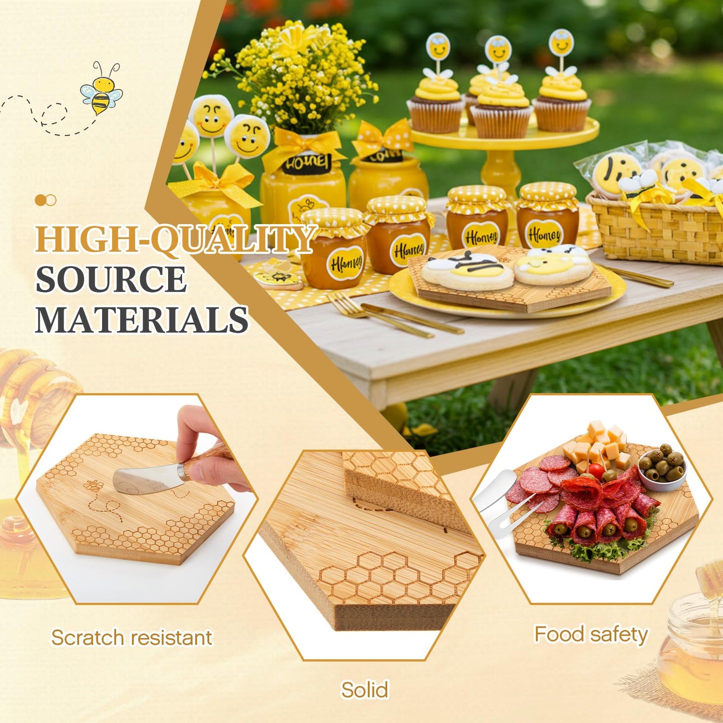 Ziliny 1 Set Bridal Baby Shower Prizes for Winners Honey Bee Cheese Board Party Gifts with Cheese Knive and Forks Box for Bee Baby Shower Themed Birthday Wedding Favors (Hexagon)