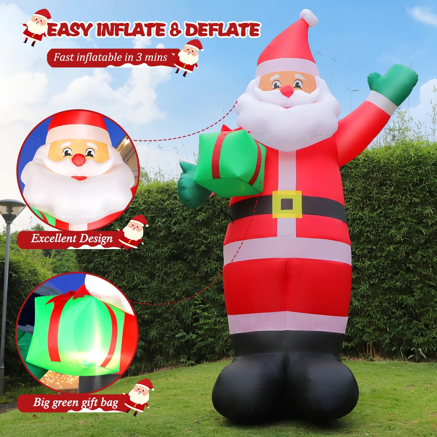 10 FT Christmas Inflatable Santa Claus Outdoor Decorations, Blow Up Santa Claus Holding Gift Box for Xmas Outside Decor, Giant Santa with Bright LED Lights for Yard Patio Garden Lawn Holiday Party