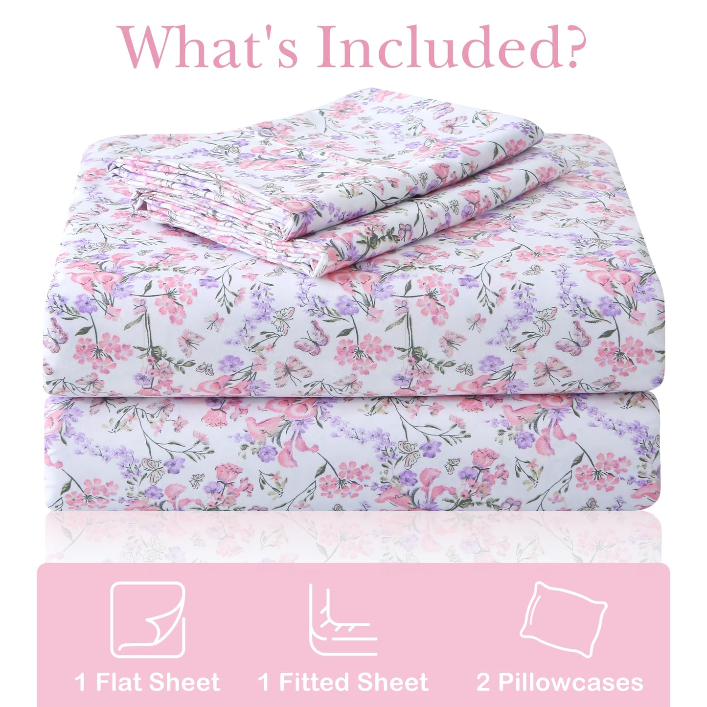 Mooreeke Cozy Vintage Microfiber Printed King Sheet Set - Soft Breathable Percale Cotton Floral Bed Sheets with Deep Pocket - Non-Slip Fitted Design - Pink Purple Flowers Pattern