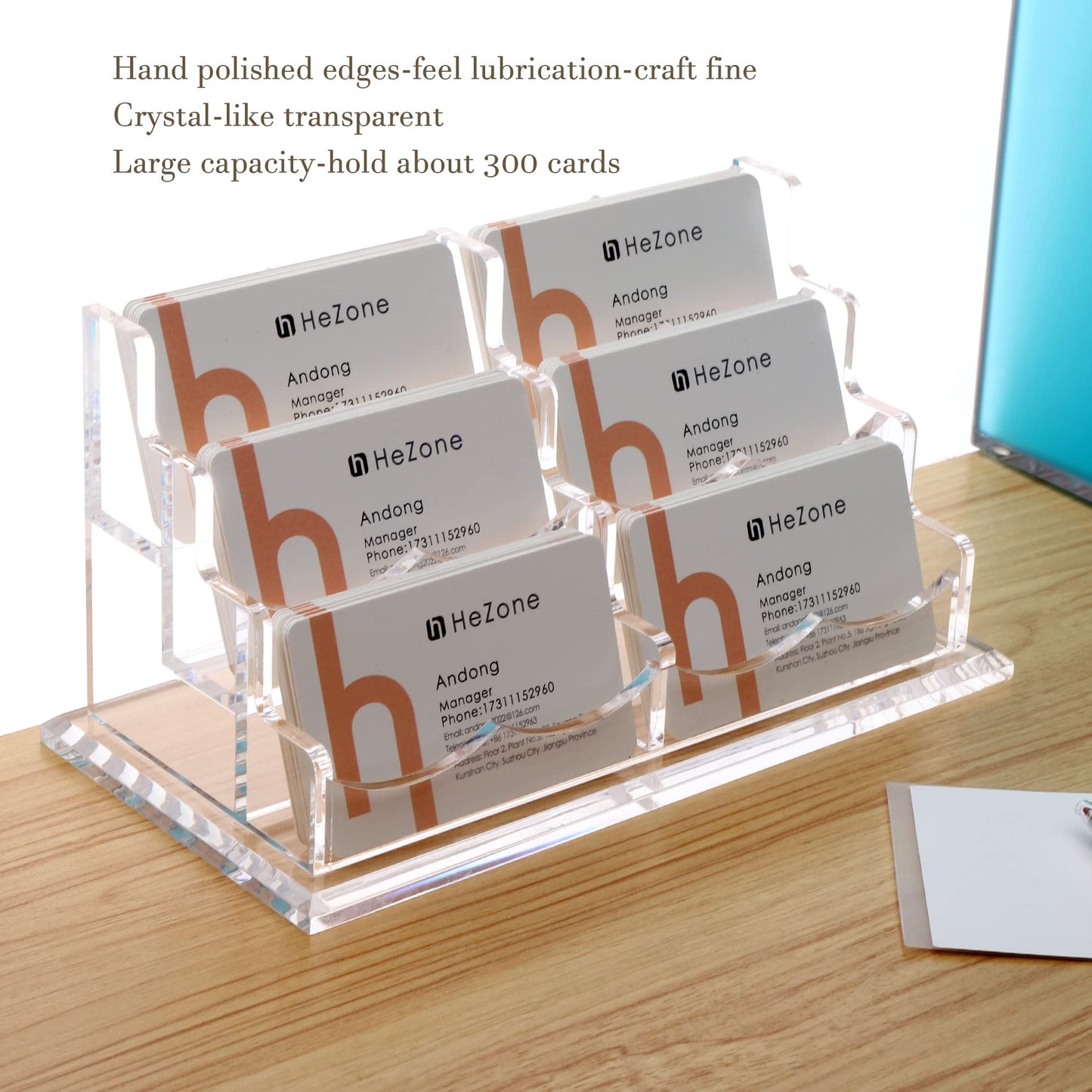 HeZone Business Cards Holder Display for Desk, Clear Acrylic Multiple 3 Tier 6 Slot Business Card Stand, Holds 300 Cards-1 Pack (6 Slots-H)