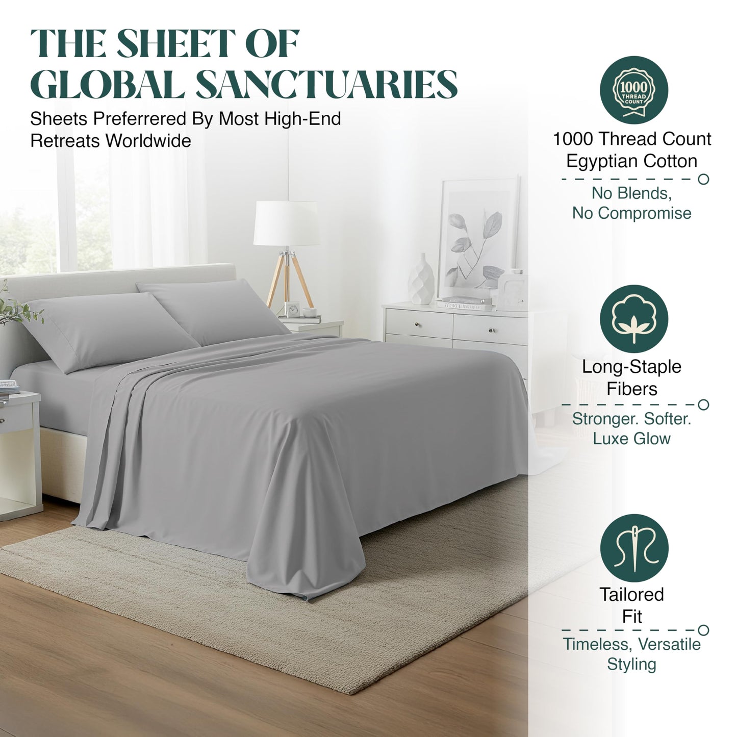 BlissBay Weave 100% Egyptian Cotton Sheet Set Queen Size 4 PCs Sateen Weave Cooling Soft Wrinkle Resistant 18 inches Deep Pocket | 1 Fitted Sheet, 1 Flat Sheet, 2 Pillowcases | Silver