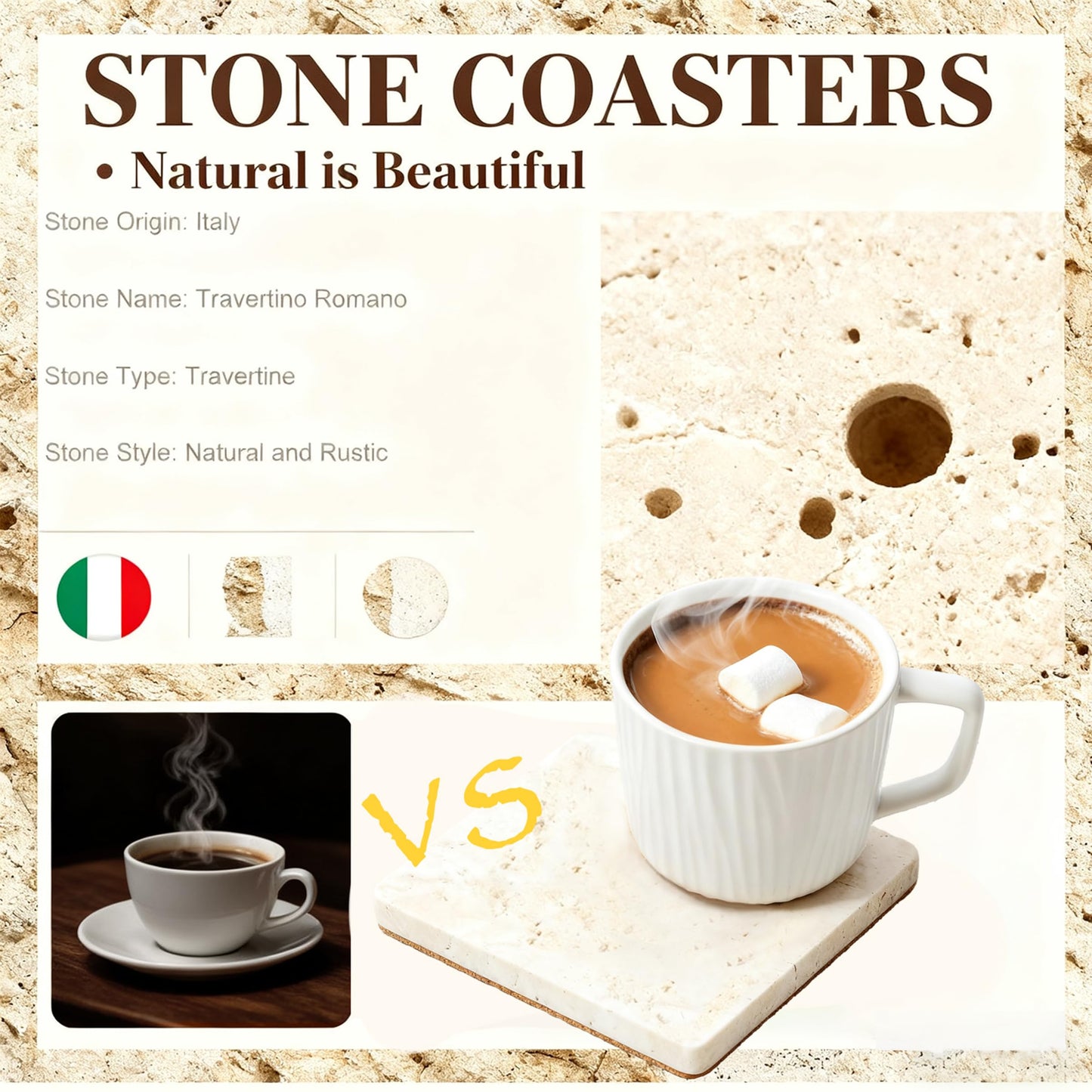 2PACK Travertine Marble Coasters Natural Coaster Set of 2, 4" Square Stone Drink Coasters with Thick Cork Backing, Durable Non-Slip Cup Mats, Table Protection for Coffee, Kitchen, Bar, Wedding