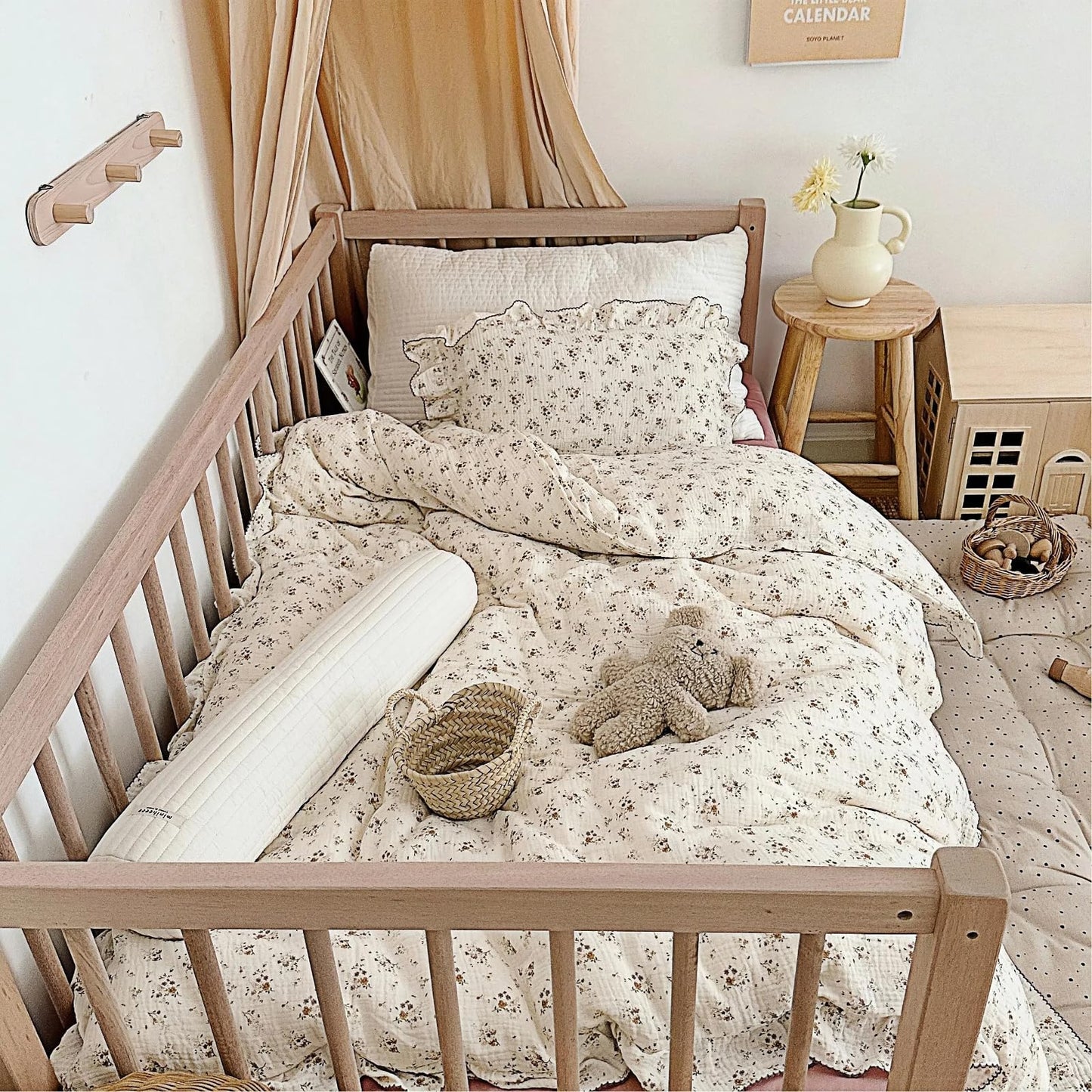 BuLuTu Beige Kids Toddler Baby Duvet Cover Girls Muslin Duvet Covers Floral Nursery Quilt Cover Gauze Bedding Coverlet, 47"x59", Crapemyrtle Print (No Pillowcases)