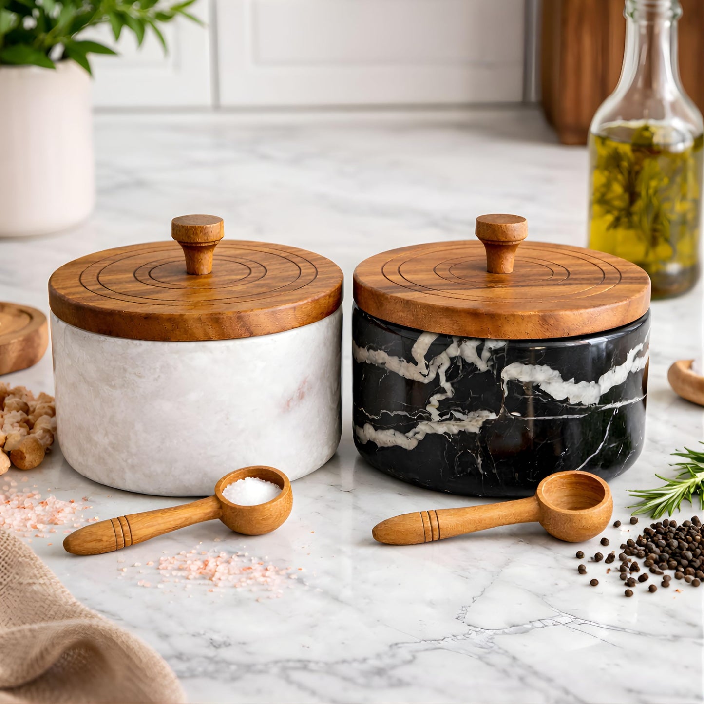 Marble salt and pepper containers with spoon, salt cellars with lid and spoons, salt and pepper holders, salt and pepper cellars, marble salt and pepper bowls with wooden lid - White/Black