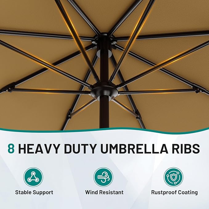 AreShark 9 FT Patio Umbrella for Outdoor, Outdoor Table Umbrella with Push Button Tilt and Crank, Outdoor Patio Umbrellas with 8 Sturdy Ribs for Market, Garden, Pool (Khaki)