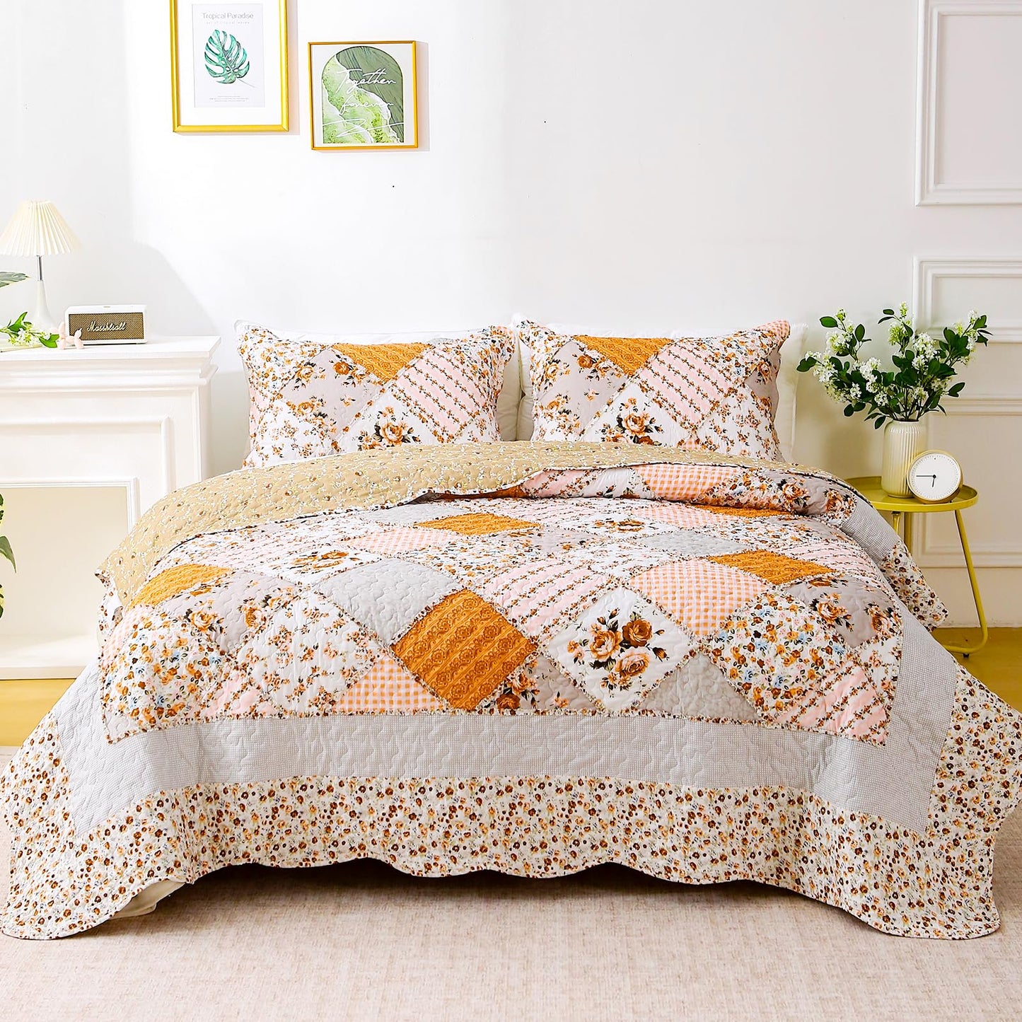Yumhjika Patchwork Quilt Set Queen Size, 3 Pieces Floral Plaid Bedspreads Coverlet, Soft Microfiber Lightweight Bedding Set for All Season,Orange
