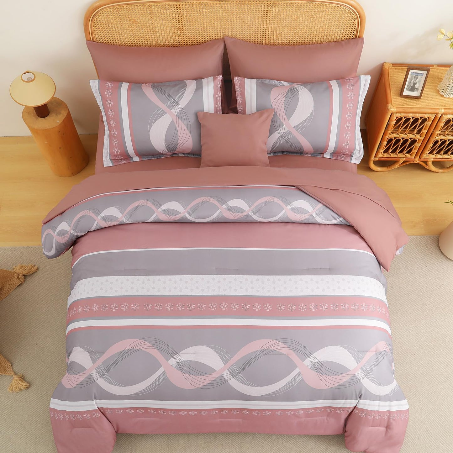 Anibedding Comforter Set King Size,8 Pieces Pink Boho Bed in a Bag Patchwork Striped Comforter Set, Soft Microfiber Bedding Set for All Season(104"×90")