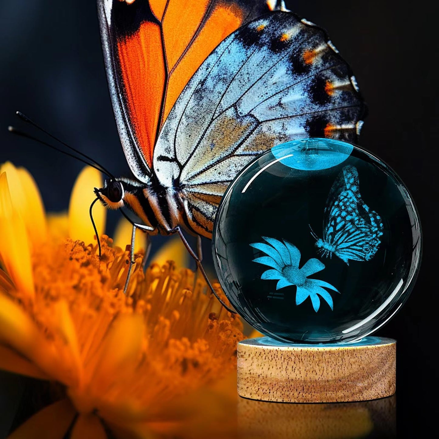 Huntalg 3D Butterfly Crystal Ball Night Light with 16 Colors and 4 Modes, Upgraded K9 Crystal, 3.15 Inch Butterfly and Flower Figurines, Remote Control, Gift Box