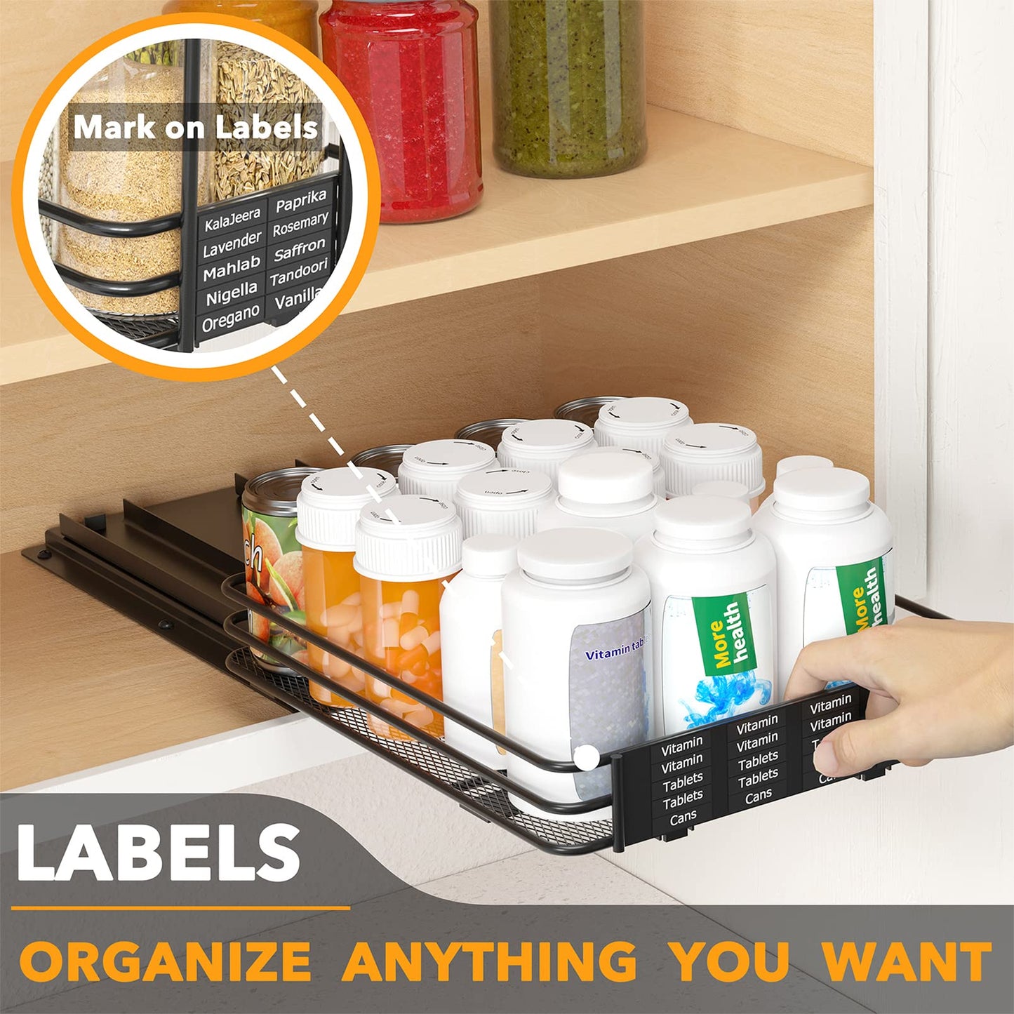 SpaceAid Pull Out Spice Rack Organizer for Cabinet, Heavy Duty Slide Out Seasoning Kitchen Organizer, Cabinet Organizer, with Labels, 4.5" W x10.75 D x8.5 H, 1 Drawer 2-Tier